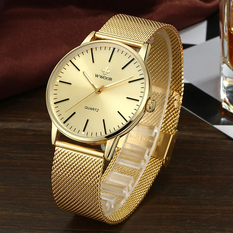 WWOOR золотые часы для Для мужчин Топ бренд роскошные ювелирные изделия из чистого