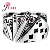 punk retro straight flush poker cards opening cuff ring zirconia 925 sterling silver adjustable size finger jewelry women men