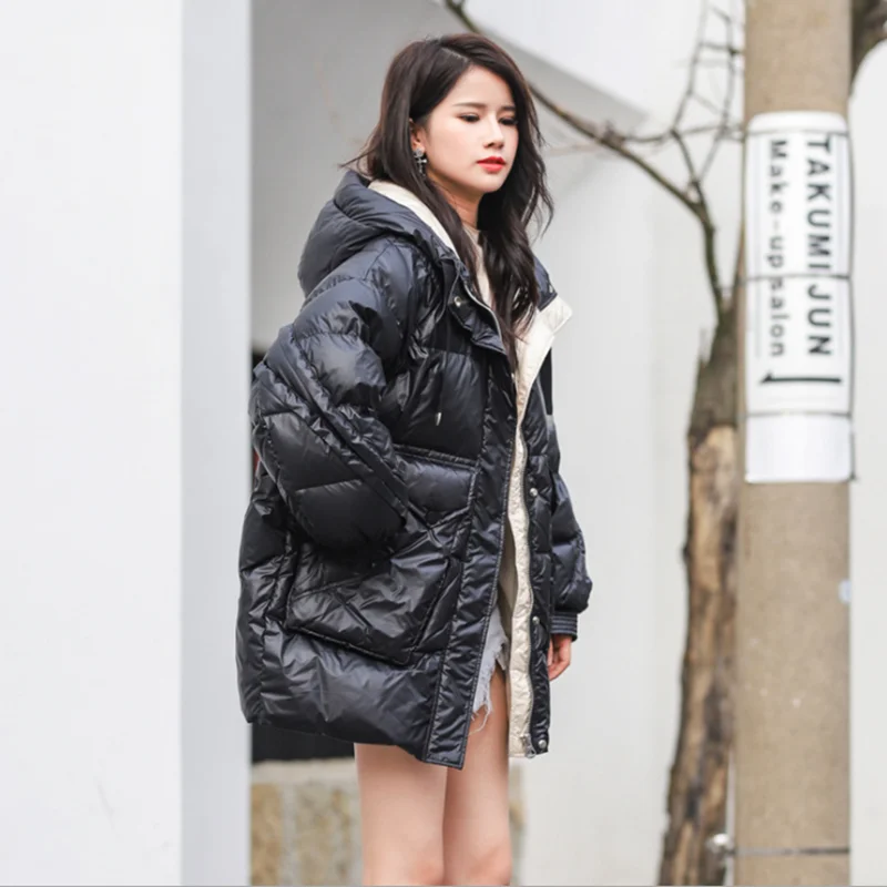 Женский пуховик с капюшоном синий черный хлопковый свободный чистый цвет теплое