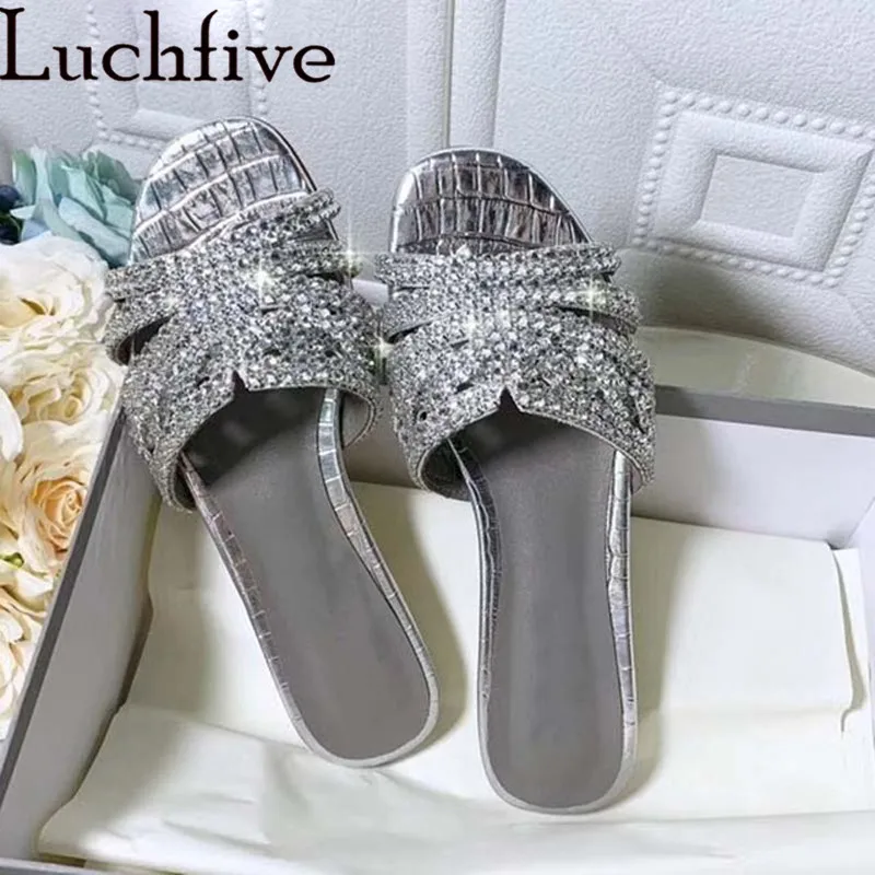 Zapatillas de cristal con punta abierta para mujer, de lujo con diamantes de imitación Sandalias planas, de talla grande, para verano