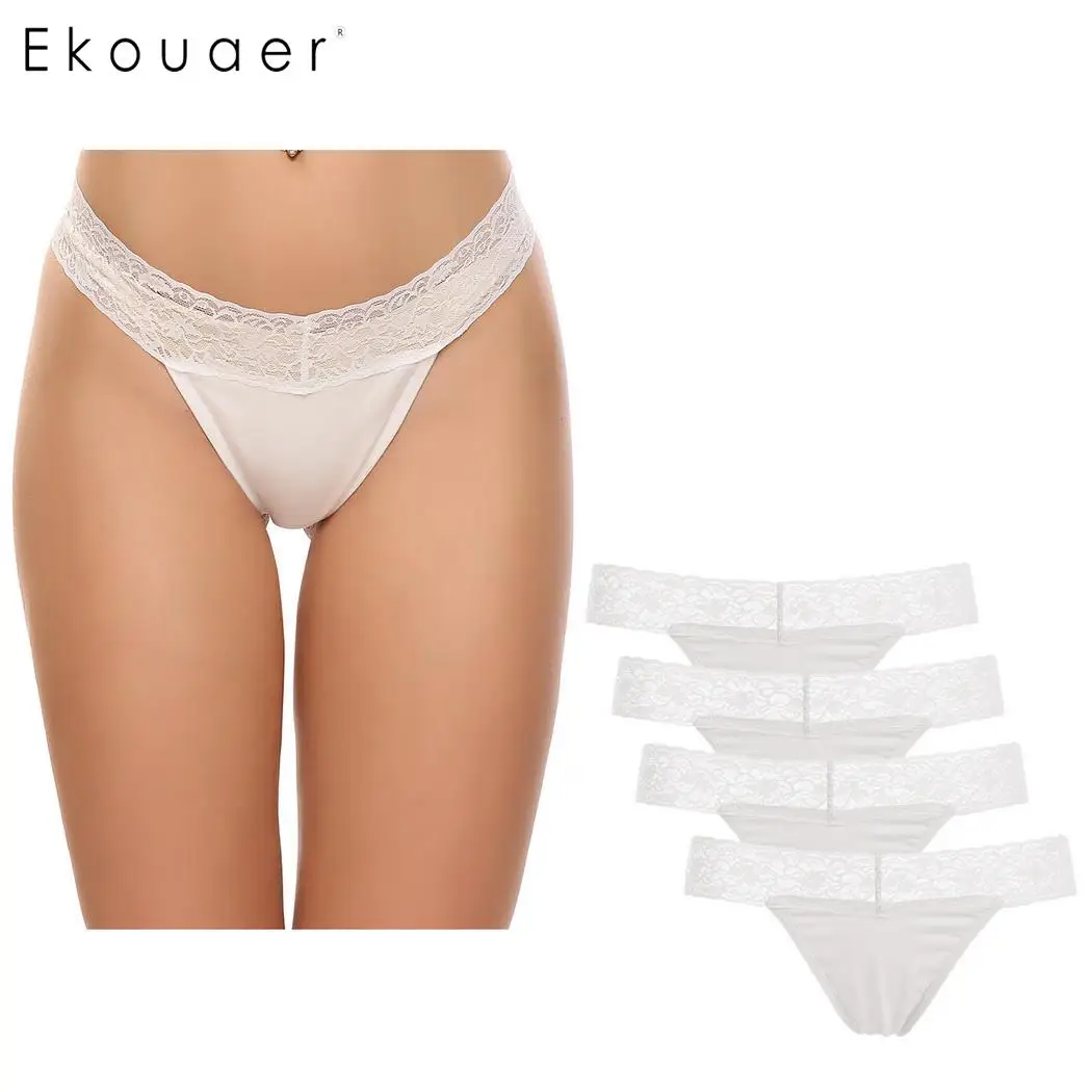 Ekouaer/4 шт., женское мягкое белье, трусики, комплект с кружевной отделкой, стринги, хлопковые трусы, нижнее белье, интимное бесшовное сексуальное нижнее белье s-xxl