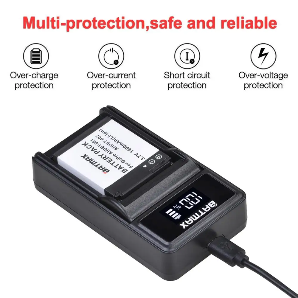 Аккумулятор Batmax для Gopro hero 1 AHDBT-001 AHDBT-002 + зарядное устройство USB LED спортивных камер