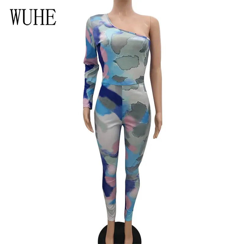 

WUHE Multicolor Gradient Print Jumpsuit One Shoulder Long Sleeve Package Hip Summer Skinny Streetwear Party Nightclub Overalls