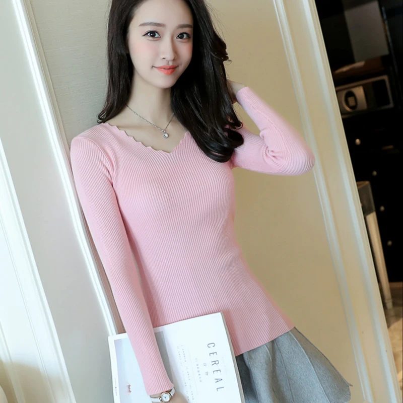 Pullovers Women V-Neck Simple All-match Basic Top Pullover Womens Solid Jumper Slim Long Sleeve Knitted High Quality Elasticity Женская