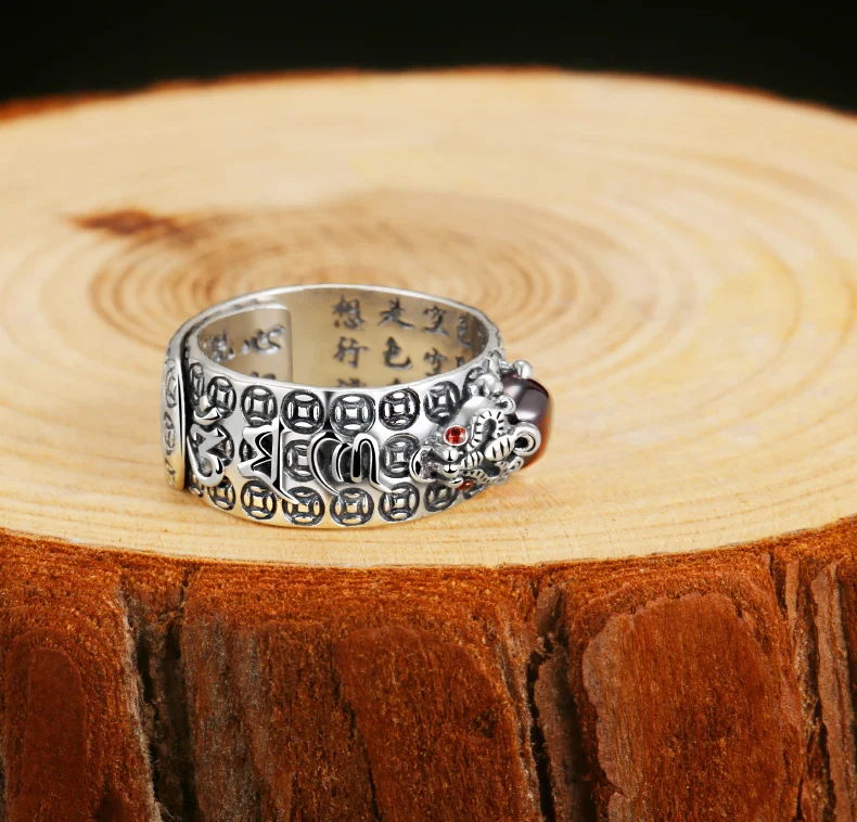 ZABRA 925 Sterling Silver Religion Adjustable Size 7.5 to 11.5 Ring For Women Men Lettering Brave Troops Red Zircon Birthday