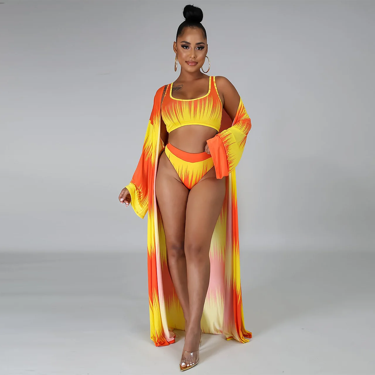 2021 Women's 3Pcs Swimsuit Set Sports Style Wireless Bra HigH Waist Briefs Coat Color Blocking Swimwear Bikini for Beach | Женская