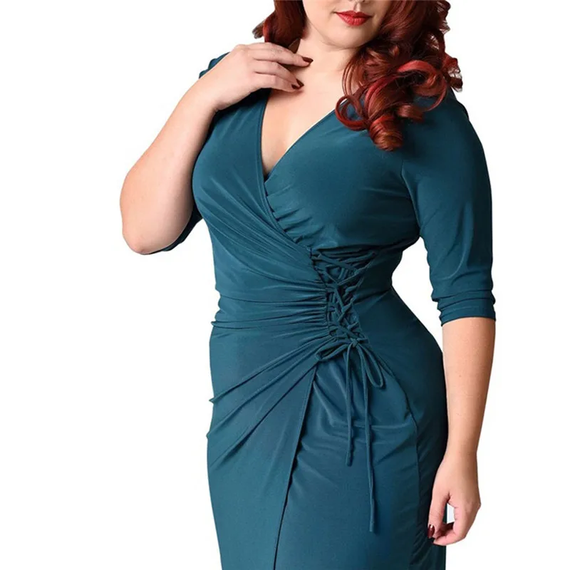 

Plus Size Dress Women Sexy V-Neck Elegant Long Oversized Lace-Up Waist Dresses Party Night Mother