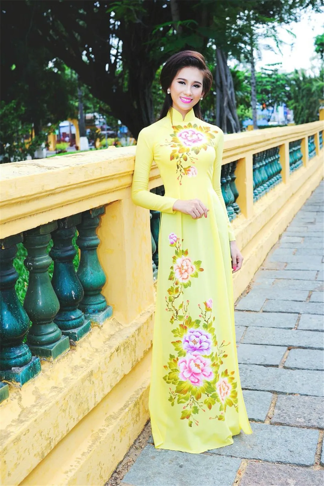 hand-painted peony traditional qipao dress two-piece cheongsam aodai vietnam clothing 2pcs | Тематическая одежда и