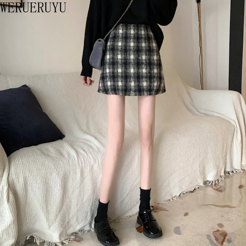 

WERUERUYU Mini Skirts Women Autumn Winter Woolen Skirts Korean Sweet Red Girl Short Skirts Ladies Bottoms
