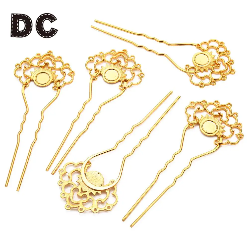 

5pcs Copper U Hair Pins Antiquity Hair Clips Vintage Hairpin Round Base 10mm Hairpin Cabochon Cameo For DIY Headwear Making