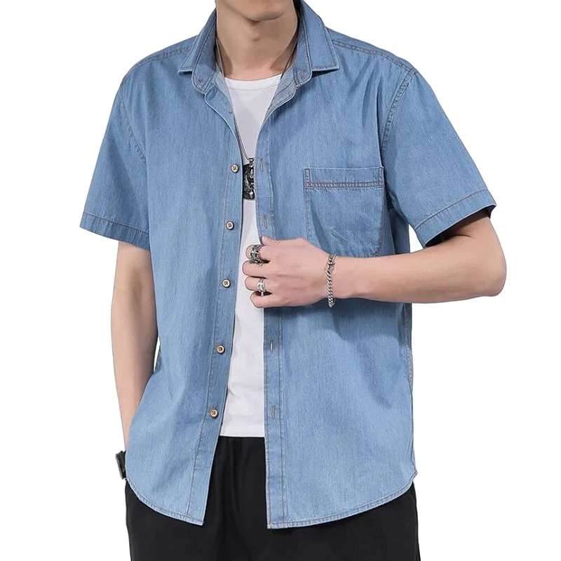 Fashion Men Shirt Single Breasted Denim Cotton Shirts Men's Short-Sleeved Shirt Cotton Youth Slim Casual Denim Shirt