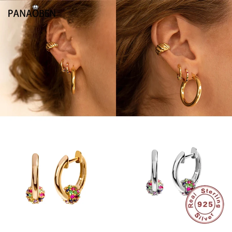 

PANAOBEN 925 Silver Jewelry Colorful Round Ball Rainbow Hoop Earring for Women Pearl Cartilage Earring Pendientes Luxury Wedding