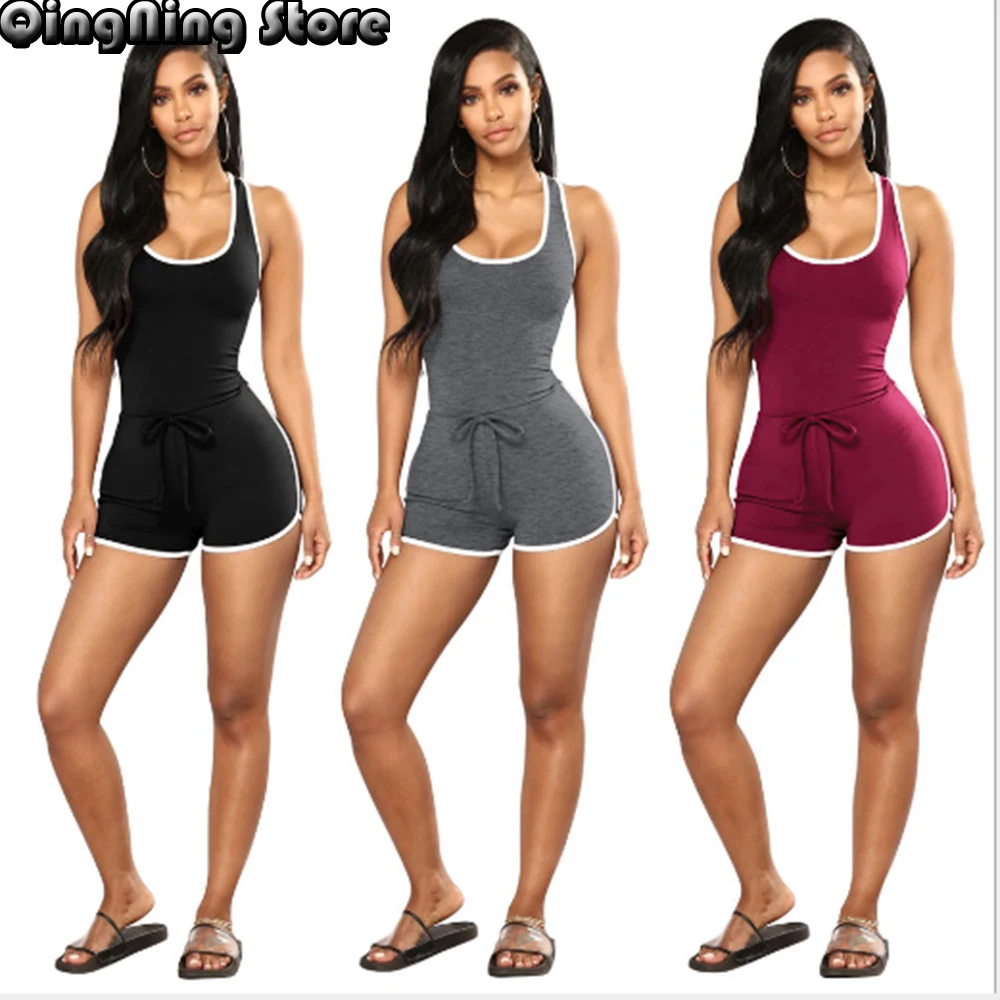 

Elastic Waist Skinny Rompers Womens Jumpsuit Round Neck Sleeveless Club Party Bodysuit Summer Ladies Open Back Bodycon Playsuit