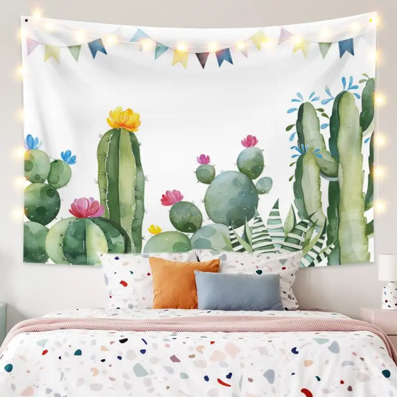 

Cartoon Cactus Flower Tapestry Vintage Exotic Summer Plant Nature Frame for Bedroom Photography Wall Decor