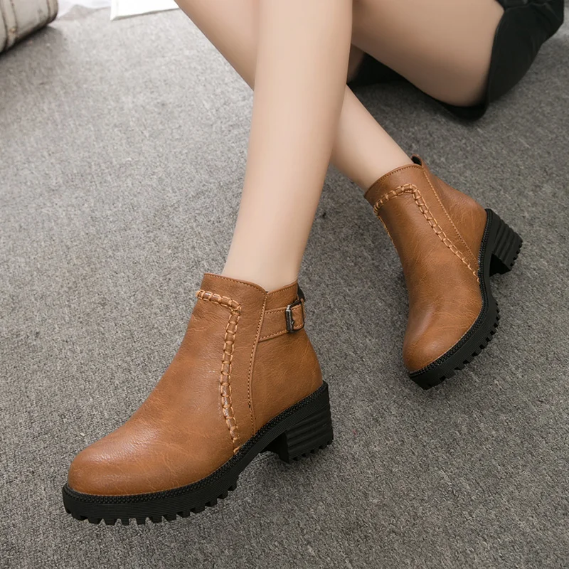 

Women's Ankle Boots Zipper Square Heel Retro Style Leather Shoes Women Buckle Belt Round Toe Casual Shoes