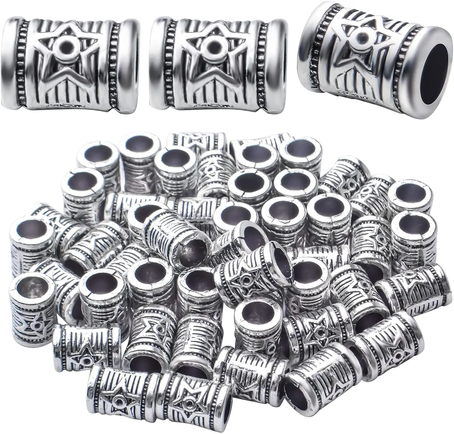 

50pcs Antique Silver Large Hole Spacer Beads Alloy Tibetan Tube Spacer Beads Column Loose Beads for DIY Bracelet Jewelry Making