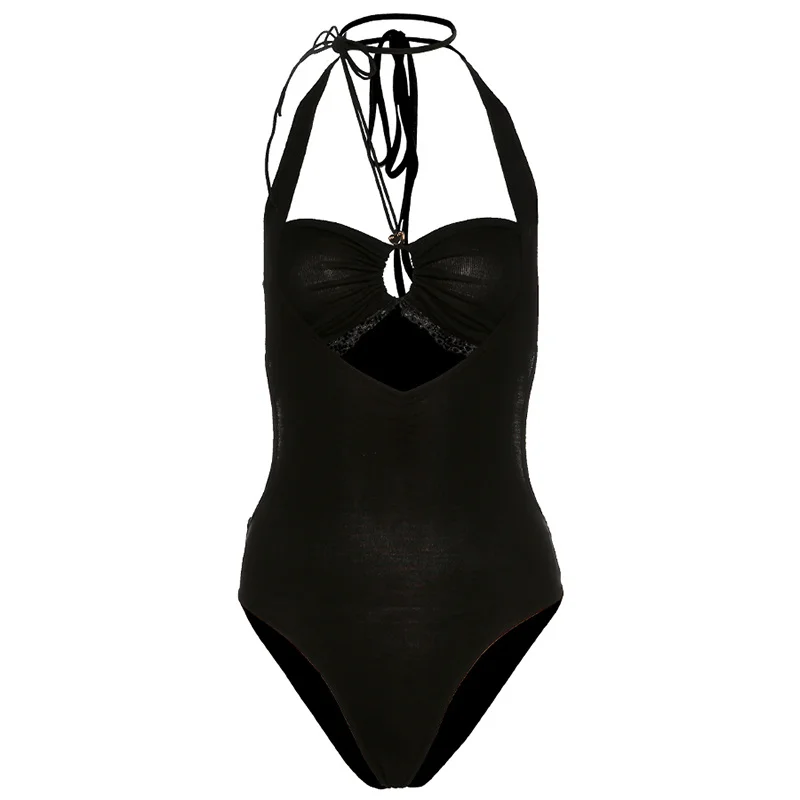 

[DEAT] Solid Black Sleeveless Cut-out Sexy Tie Neck Jumpsuit High Bodysuits Sexy Style Y2k Clothes 2021 Spring And Summer GX954