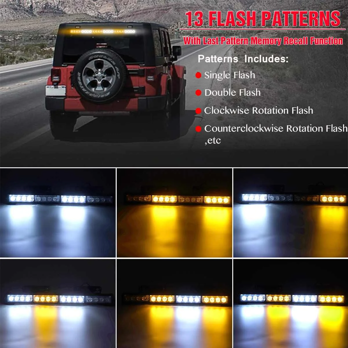 

18" Car Truck Emergency Warning LED Strobe Light Bar with Suction Cups and Mounting Brackets 13 Flashing Modes Emergency Lights