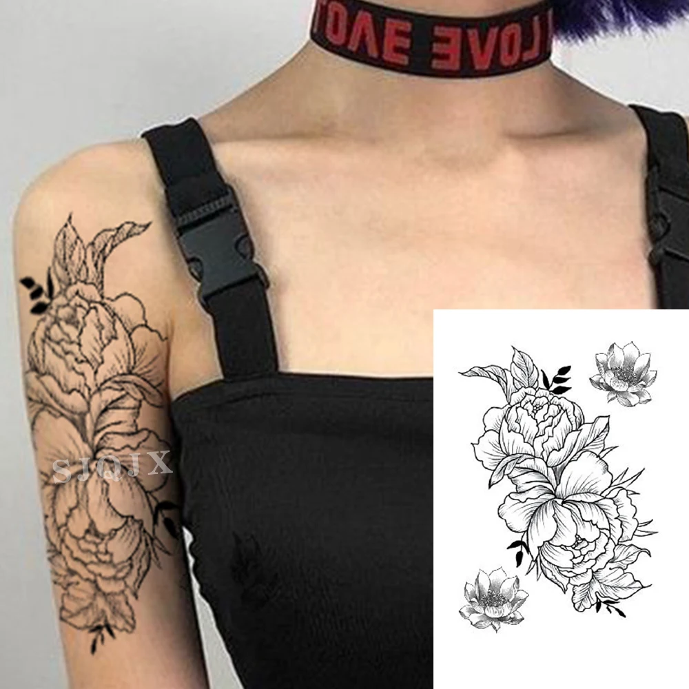 1 шт. de moda las mujeres chica tatuaje temporal etiqueta negro diseño rosas flor llena Body art para brasos grande fals | Красота и
