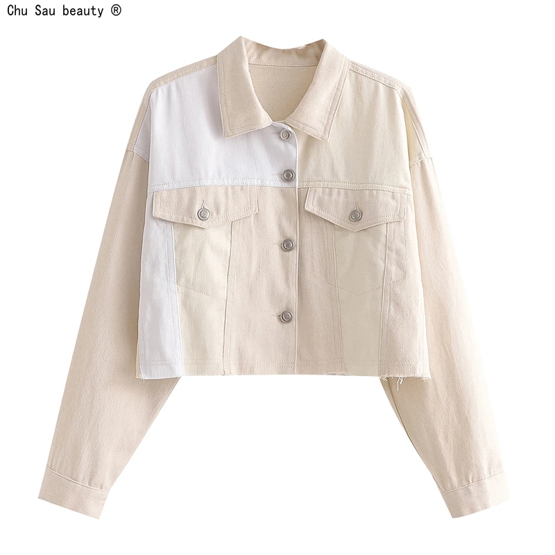 

Autumn 2021 New Women Loose Fashion Patchwork Contrast Color Denim Jacket Short Casual Lapel Long Sleeve Single-Breasted Jacket