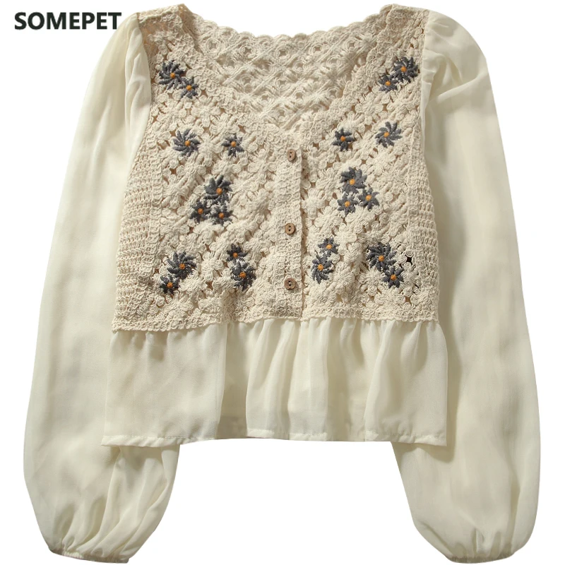 

Women Blouse Autumn Flower Embroidery V-Neck Hollow Out Long Lantern Sleeve Shirts Chiffon Button Office Lady Elegant