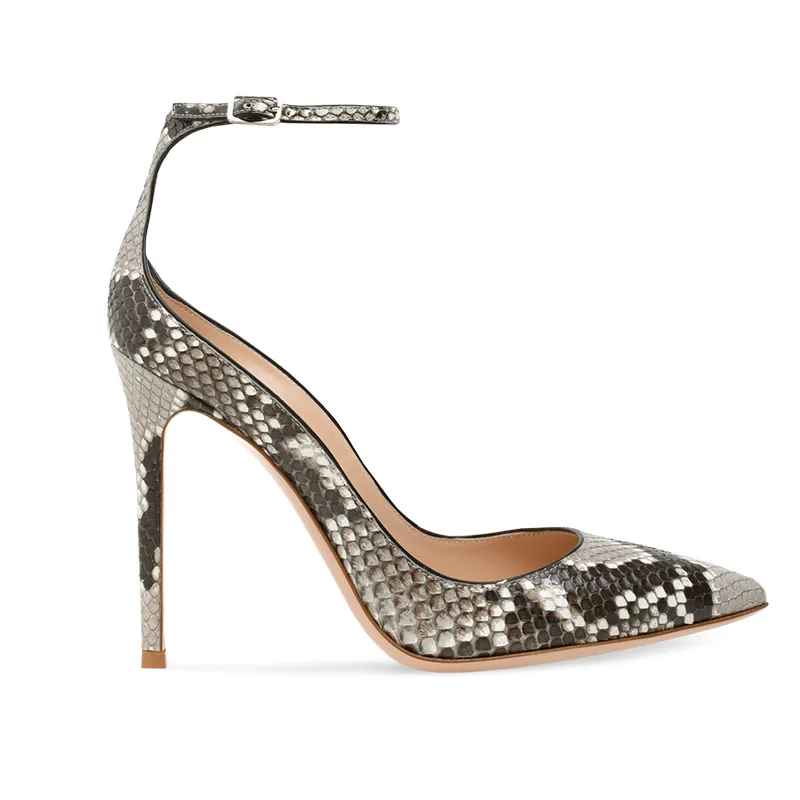 Туфли женские на шпильке заостренный носок серый Принт змеиная кожа пряжка