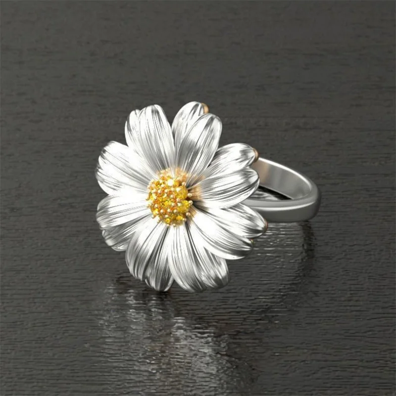 

Hot Sale New Cross-border Hit Sunflower for Women Two-tone Small Daisy Purple Fashion Trend Ring Wedding Engagement Jewelry