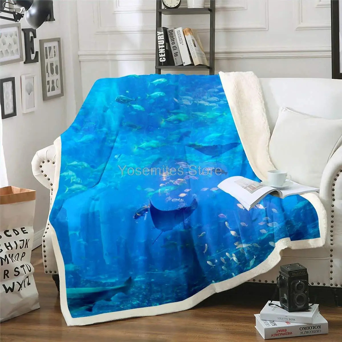 

Underwater World Collections Sherpa Blanket Couch Sofa Chair Bed Manta Rays Color Fish Broken Stone Flannel Throw Vivid Ocean