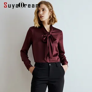 SuyaDream шелковые блузки женские 95% шелк 5% спандекс однотонный бант воротник офисная шикарная блузка рубашка 2022 элегантная рубашка