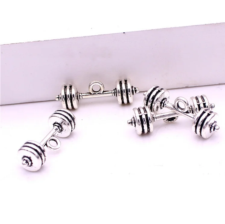 

50pcs Antique Silver Dumbbell Charm Pendants 7.5*25mm 3D Metal Fitness Charms For Fitness Jewelry Making