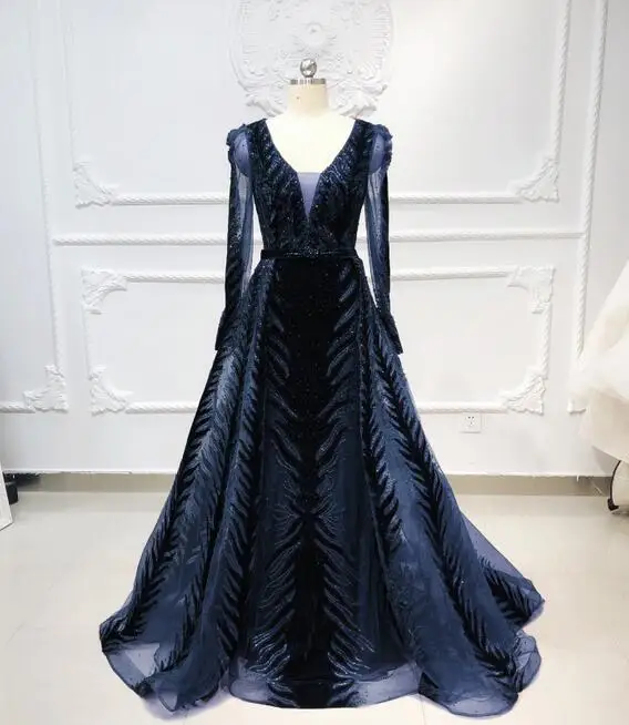 navy blue Бургундские вечерние платья с длинными рукавами ручной работы, украшенные бисером, платье для выпускного вечера, Дубай, вечернее бархатное платье, Vestido de Fiesta - Цвет: navy blue