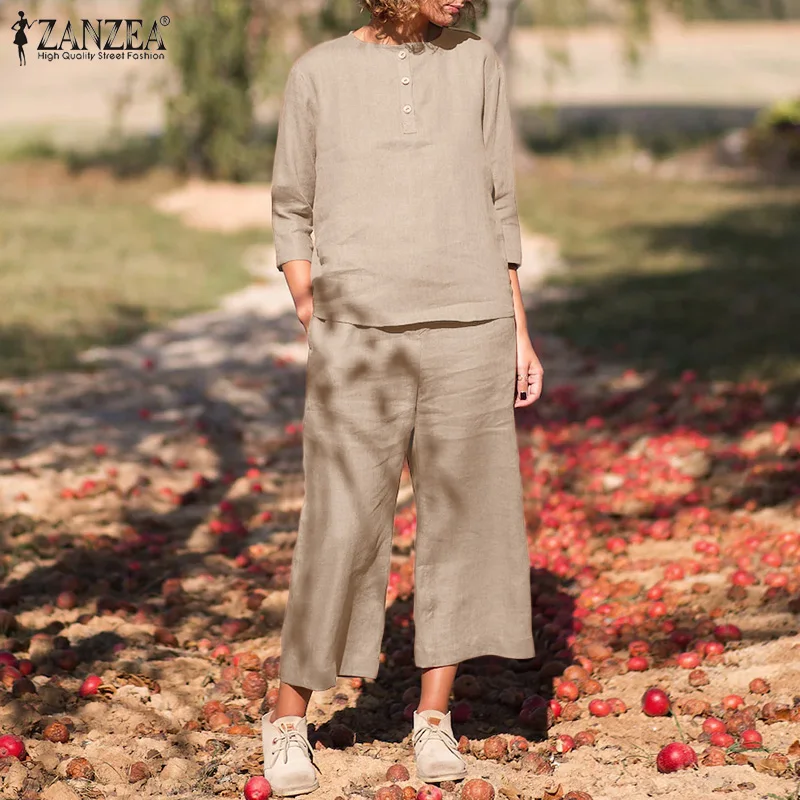 

Женские повседневные хлопковые комплекты ZANZEA, элегантный топ с рукавом 3/4 и круглым вырезом и брюки с эластичным поясом, Осенние офисные брю...