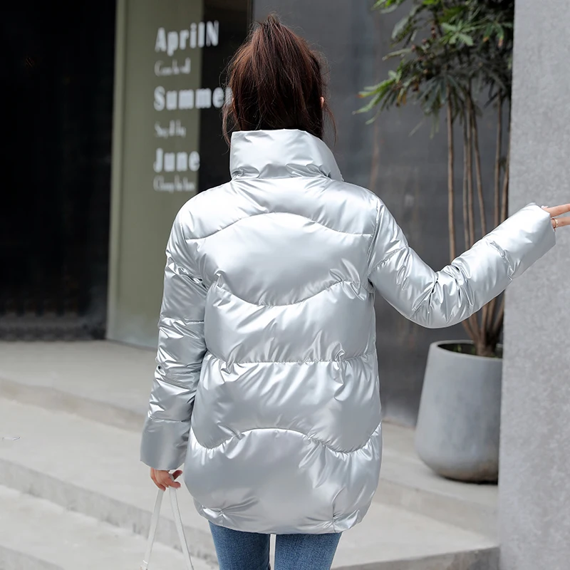 Women's Winter Short Jacket Oversized Thick Casual Parkas Woman Stand Collar Shiny Solid Glossy Plus Size Cotton Overcoat Female | Женская