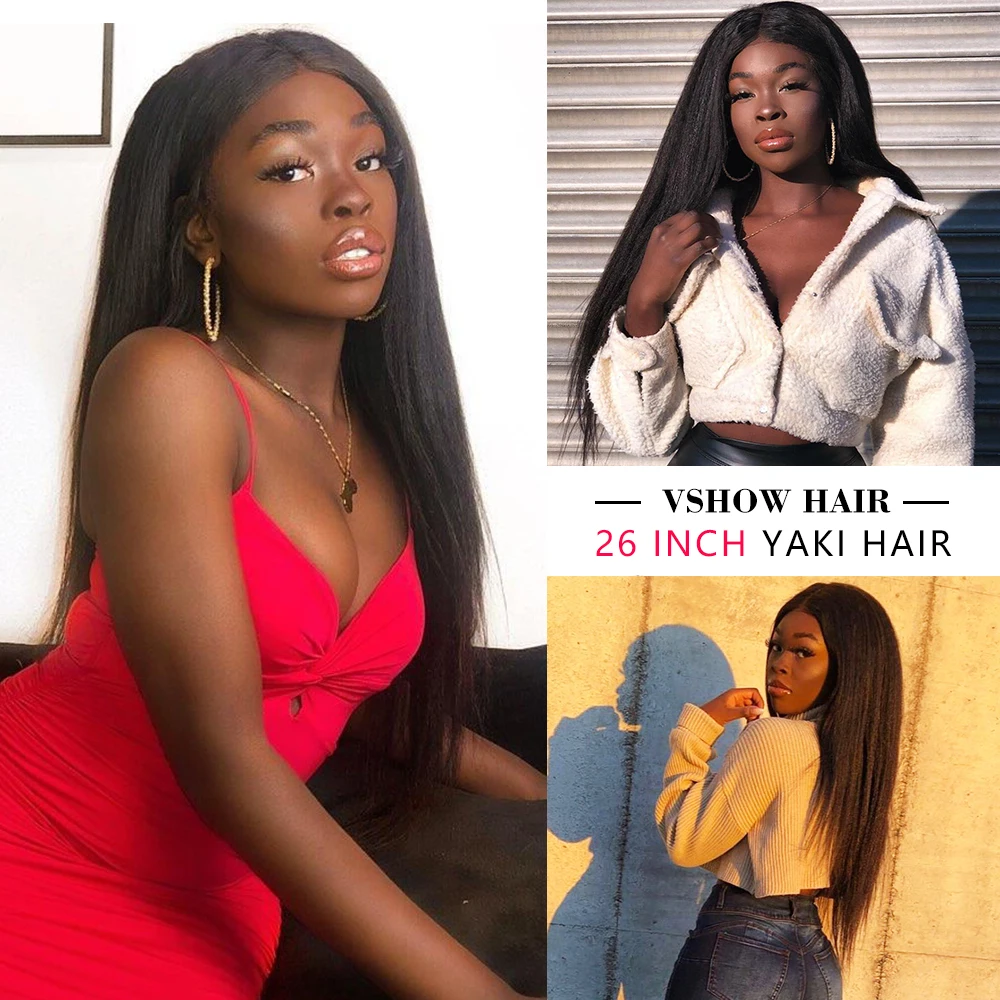 

VSHOW Kinky Straight Hair 3 Bundles With 13x4 Lace Frontal Brazilian Yaki Remy Hair Pre Pluck Lace Frontal Closure With Bundles