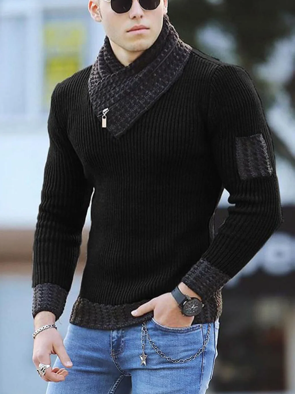 

2021 new European and American men's casual slim fit knitted pullover long sleeve scarf collar sweater men's wear