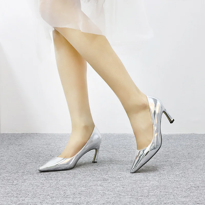 

New Silver Glossy Fashion Sexy Fashion Women's Shoes Shallow Mouth Joker Glossy Stiletto Shoes