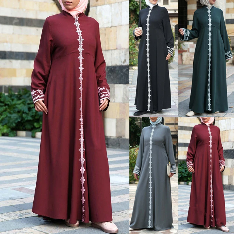 Женское платье с вышивкой Abaya черное мусульманское круглым вырезом и длинными