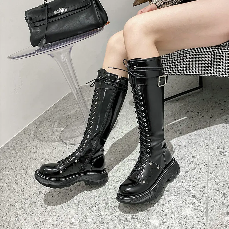 

2021 New Female Chunky Heels Side Zipper Party Night Club Women Shoes Genuine Leather Women Knee High Autumn Winter Boots
