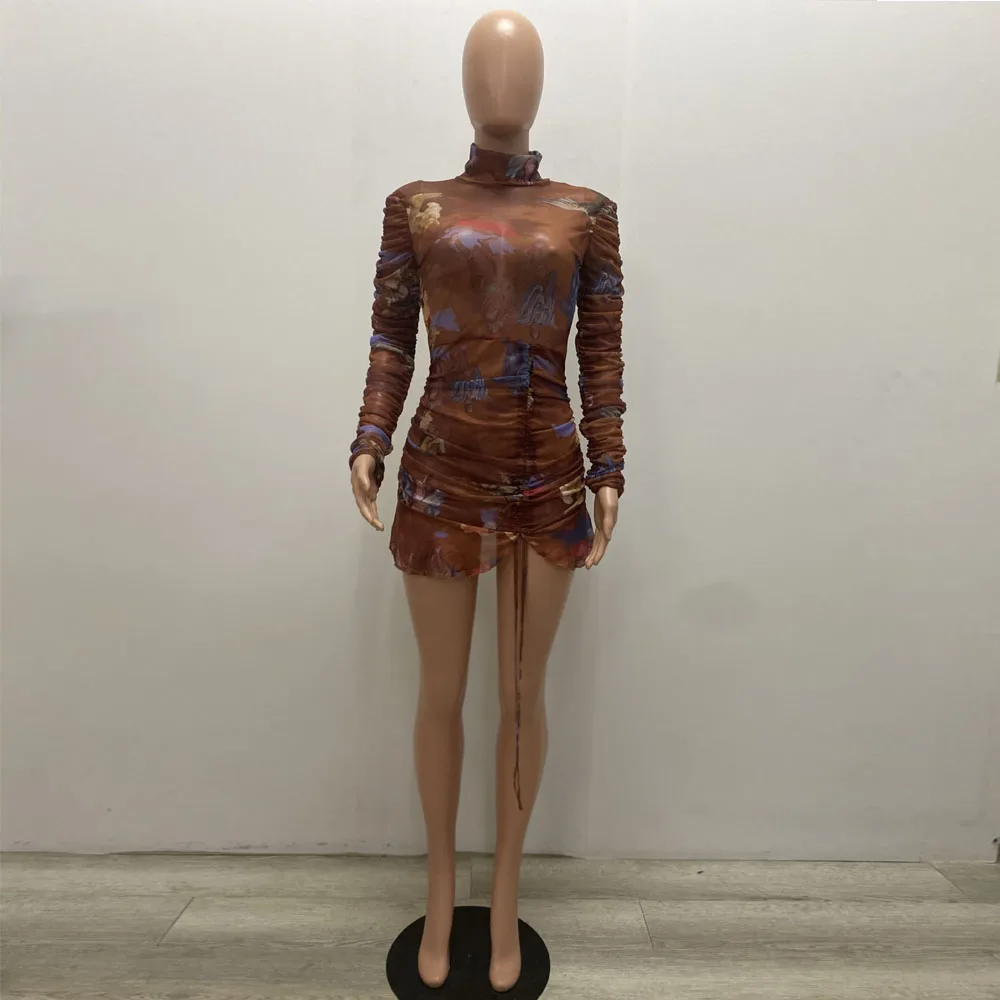 

Sheer Mesh Angel Print Party Club Mini Dress for Women Ruched Drawstring See Through Bandage Dress Autumn Long Sleeve Robe Femme