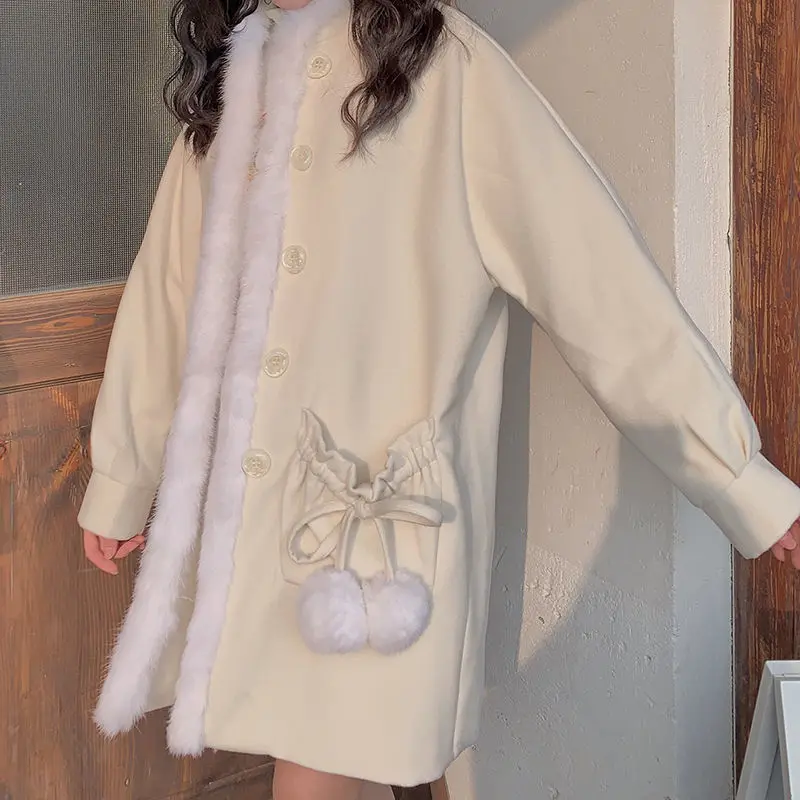 

Winter Japanese Girl Lolita Cloak Woolen Coat Sweet Girli Style Mid-Length Bag Hip Woolen Coat Lolita Fur Ball Tie Bow Jacket