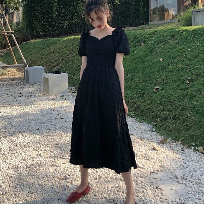 Dress Women Retro Burgundy Summer Stylish Holiday Girls Dresses High Waist Lovely Puff Sleeve Elegant Soft Womens Party Vestidos | Женская