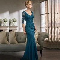 2021 new arrival teal blue lace applique deep v neck mother of the bride dresses with three quarter sleeve wedding party gowns