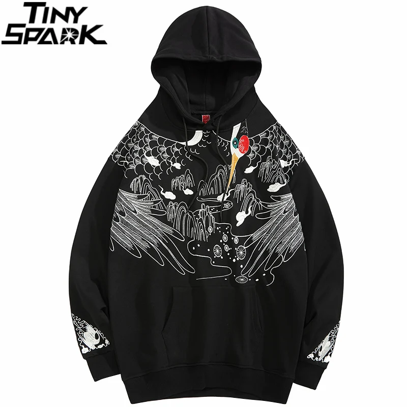 

Hip Hop Hoodie Streetwear Sweatshirt Embroidery Crane Mountain Hooded Pullover 2021 Men Harajuku Cotton Hoodie Autumn Black