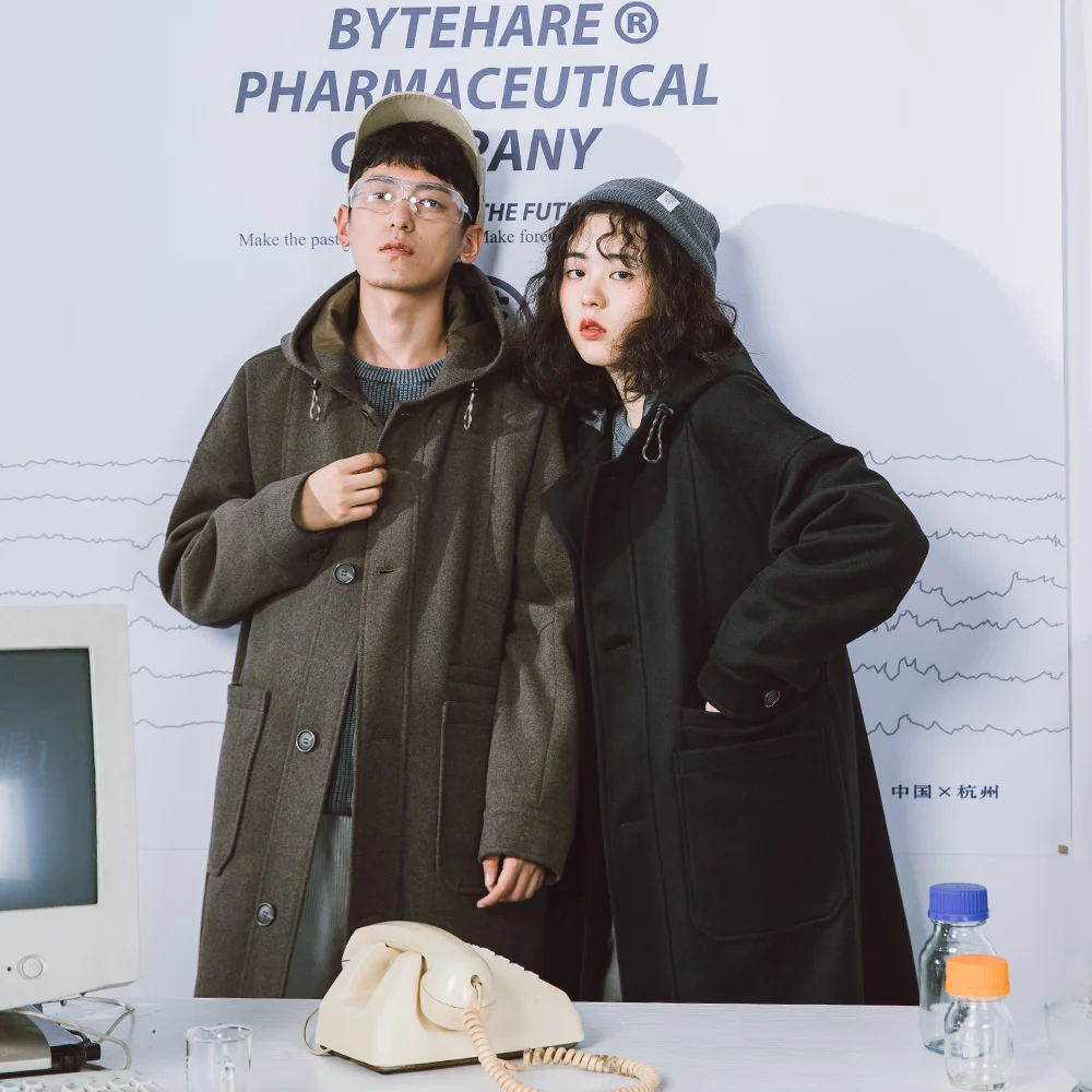 ByteHare Play Drug Bureau зимняя длинная куртка с капюшоном свободная пара шерстяное пальто