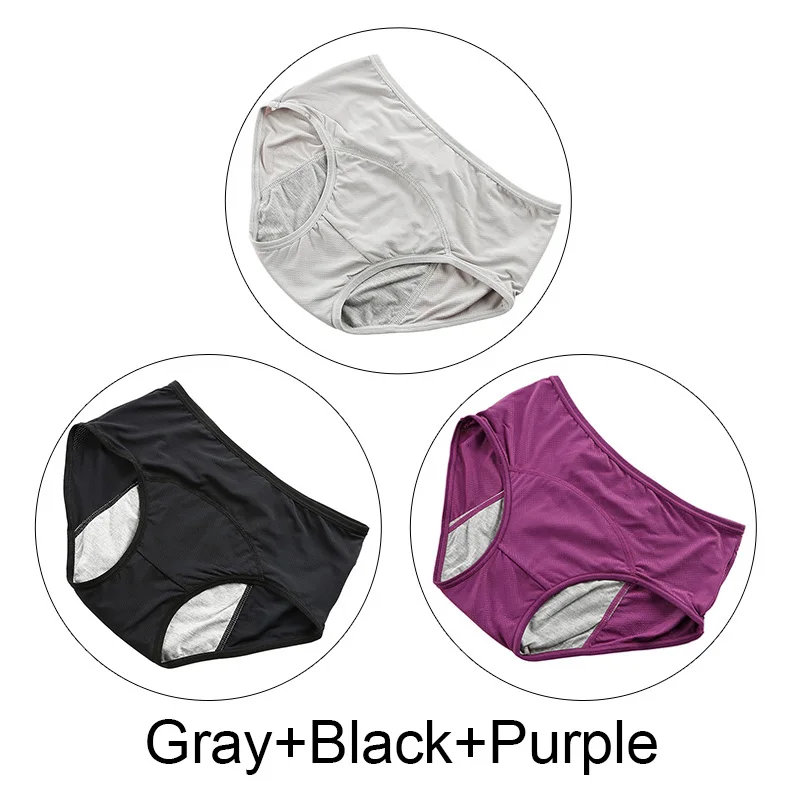 Gray Black Purple 3 шт./лот 5XL плюс Размер менструальные трусики женское нижнее белье хлопок период герметичные трусы период физиологические трусики нижнее белье - Цвет: Gray Black Purple