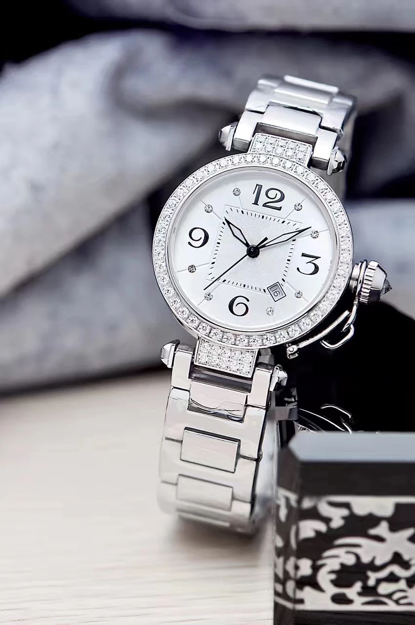 

Classic New Men Women Silver White Number Diamonds Bezel Watch Sapphire Stainless Steel Watches Fashion Sport Bracelet