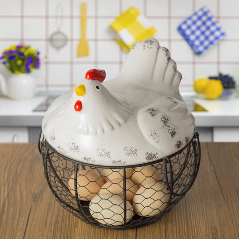 

Metal Fruit Vegetable Storage Bowls Kitchen Eggs Baskets Holder with Hen Shape Lid Fruit Basket Nordic Minimalism