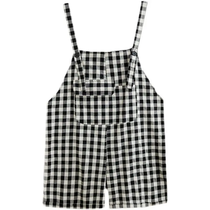 

Strap shorts women's summer loose literature and art big pocket Plaid Cotton and hemp one-piece pants
