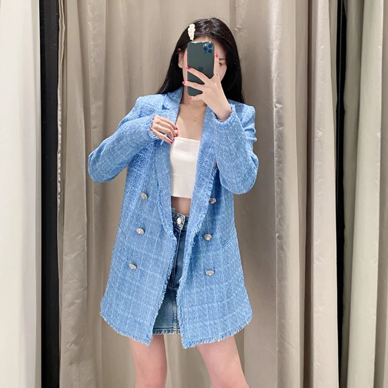 Пиджак женский твидовый в клетку винтажный пиджак шикарная на пуговицах длинный