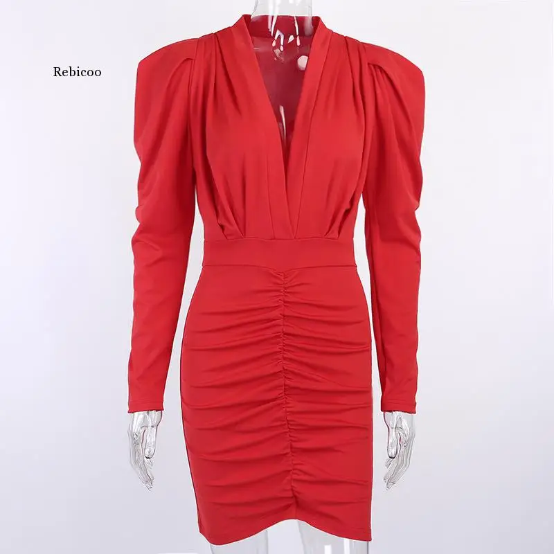 

Spring Autumn Dress Women New Casual Full Sleeved Sexy Deep V-Neck Folds Solid Straight Knee-Length Bag Hip Dresses